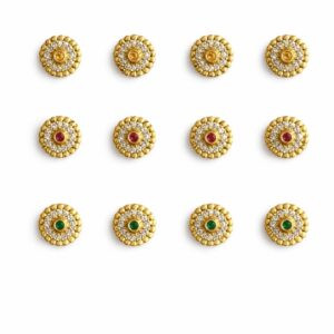 Elegant gold finish round jewellery buttons with white stones and red/green center stone, perfect for traditional and bridal jewellery making.