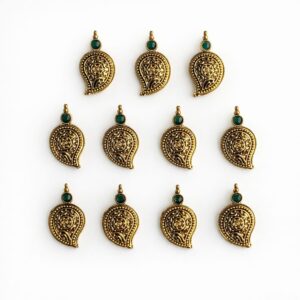 Traditional Gold Paisley Filigree Pendant with Green Stone Accent mango shape (12pcs set)