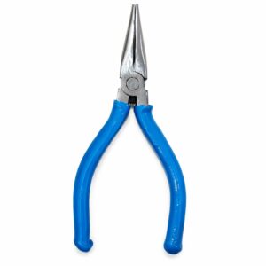 Long nose plier with blue handles and stainless steel tapered jaws for jewellery making and wire crafting.