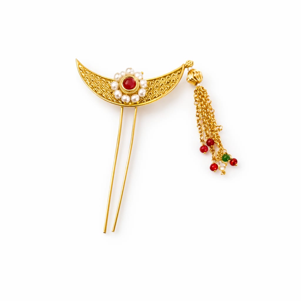 Traditional gold Chandkhopa hair accessory with pearl center and chain latkan for bridal bun hairstyle